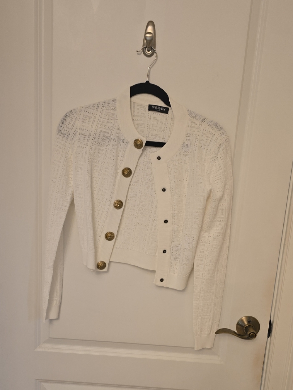 Balmain White Openwork Knit Cardigan with Gold Buttons
